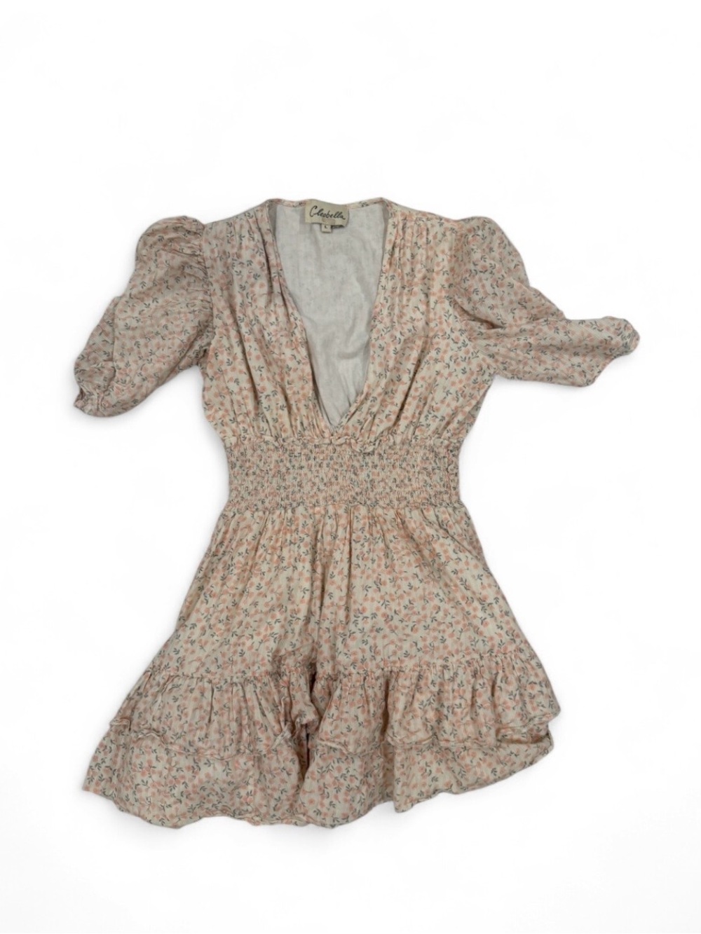 Cleobella Blush Floral V-Neck Puff Sleeve Mini Dress
